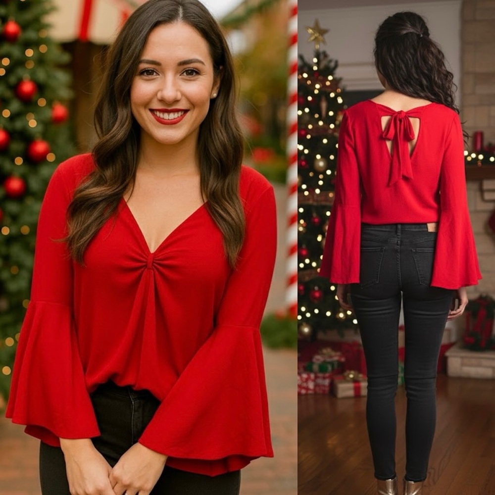 H&M Divided Bell Sleeve Tie Back Bright Red Blouse Top 8 Holidays & Valentines!